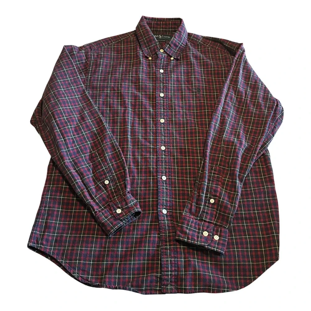 Ralph Lauren Mens Navy Red Plaid Button Down Shirt Classic Fit Large - Picture 2 of 6